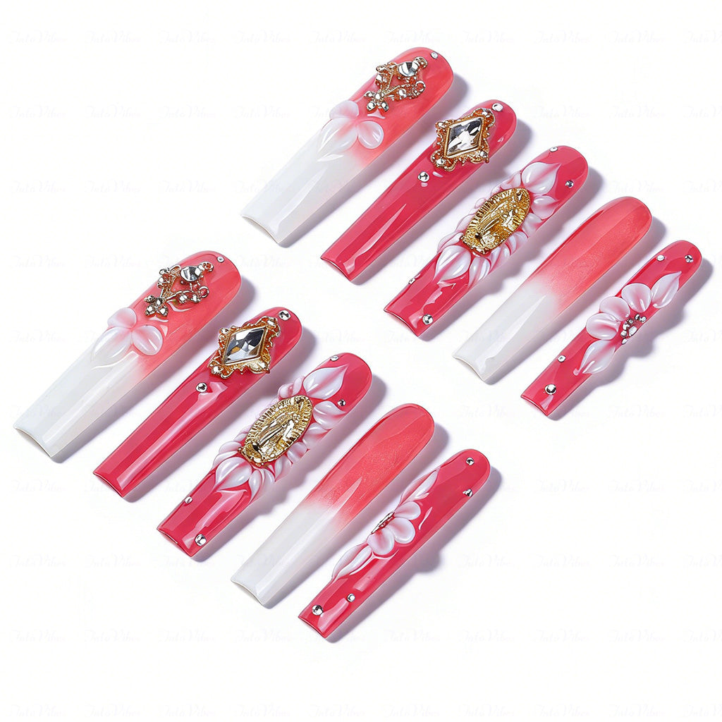 Sacred Floral  Red & White Long Square Press-Ons with Gold Virgin Mary & Flower Charms