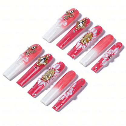 Sacred Floral  Red & White Long Square Press-Ons with Gold Virgin Mary & Flower Charms