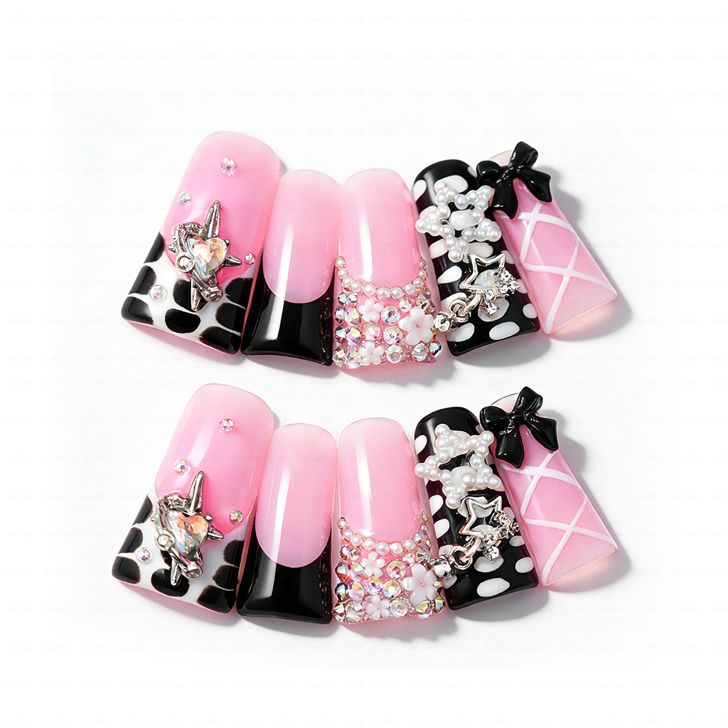 Sugar Bite – Sweet Pink Long Duck Press-Ons  with Pearl Bow & Rhinestone Charm