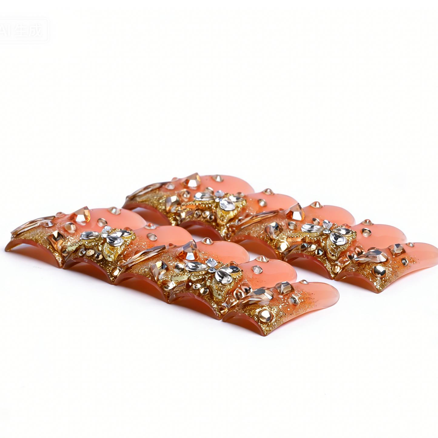 Golden Butterfly – Nude & Gold Long Duck Press-Ons with Butterfly Rhinestone Accents