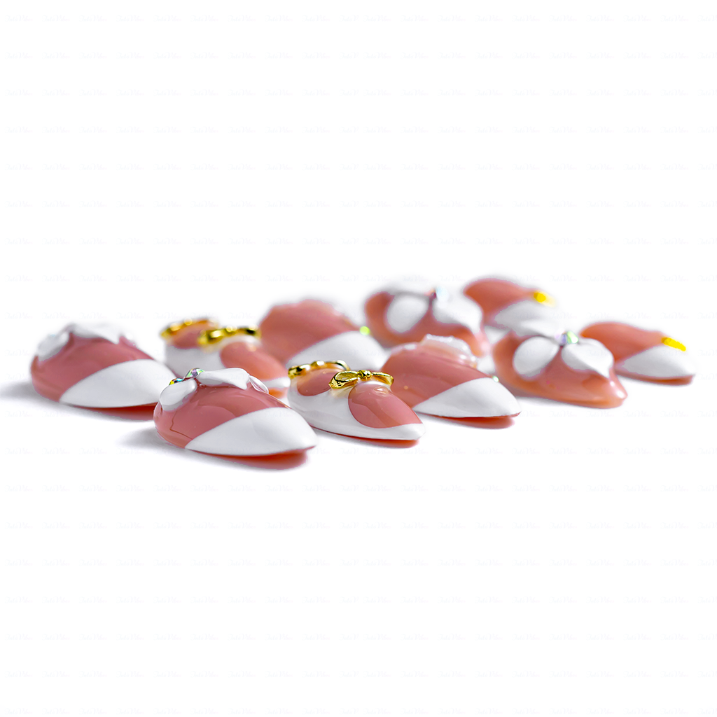 Peach Whisper – Soft Peach Short Almond Press-Ons with 3D Flower, Gold Bow & French Tip Detail