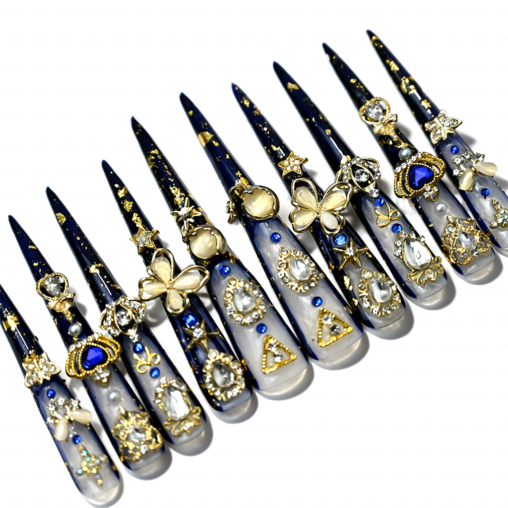 Midnight Royal-Navy Blue & Milky White Extra Long Stiletto Press-Ons with Gold Foil & Gem Butterfly Charms