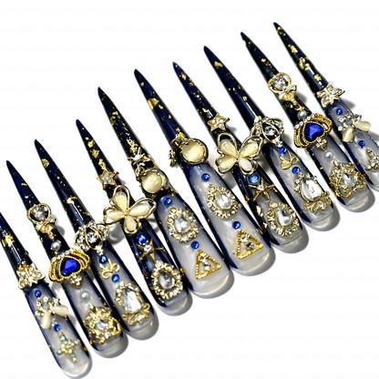 Midnight Royal-Navy Blue & Milky White Extra Long Stiletto Press-Ons with Gold Foil & Gem Butterfly Charms