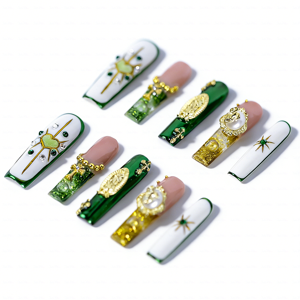 Sacred Green-Emerald & White Long Square Water Press-Ons with Gold Virgin Mary & Cross Charms