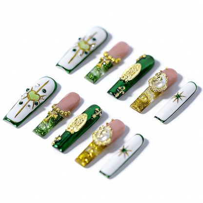 Sacred Green-Emerald & White Long Square Water Press-Ons with Gold Virgin Mary & Cross Charms