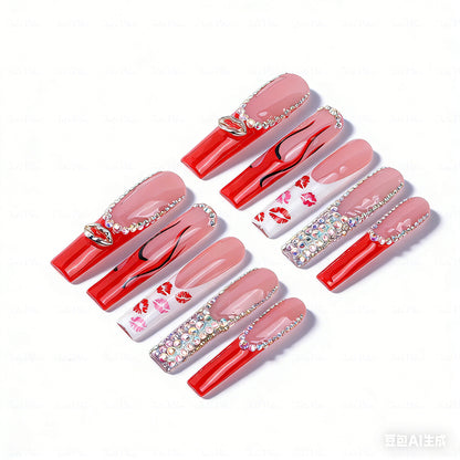 Lip Print French  Red & Nude Long Square Press-Ons with Lip Accents & Rhinestone Details