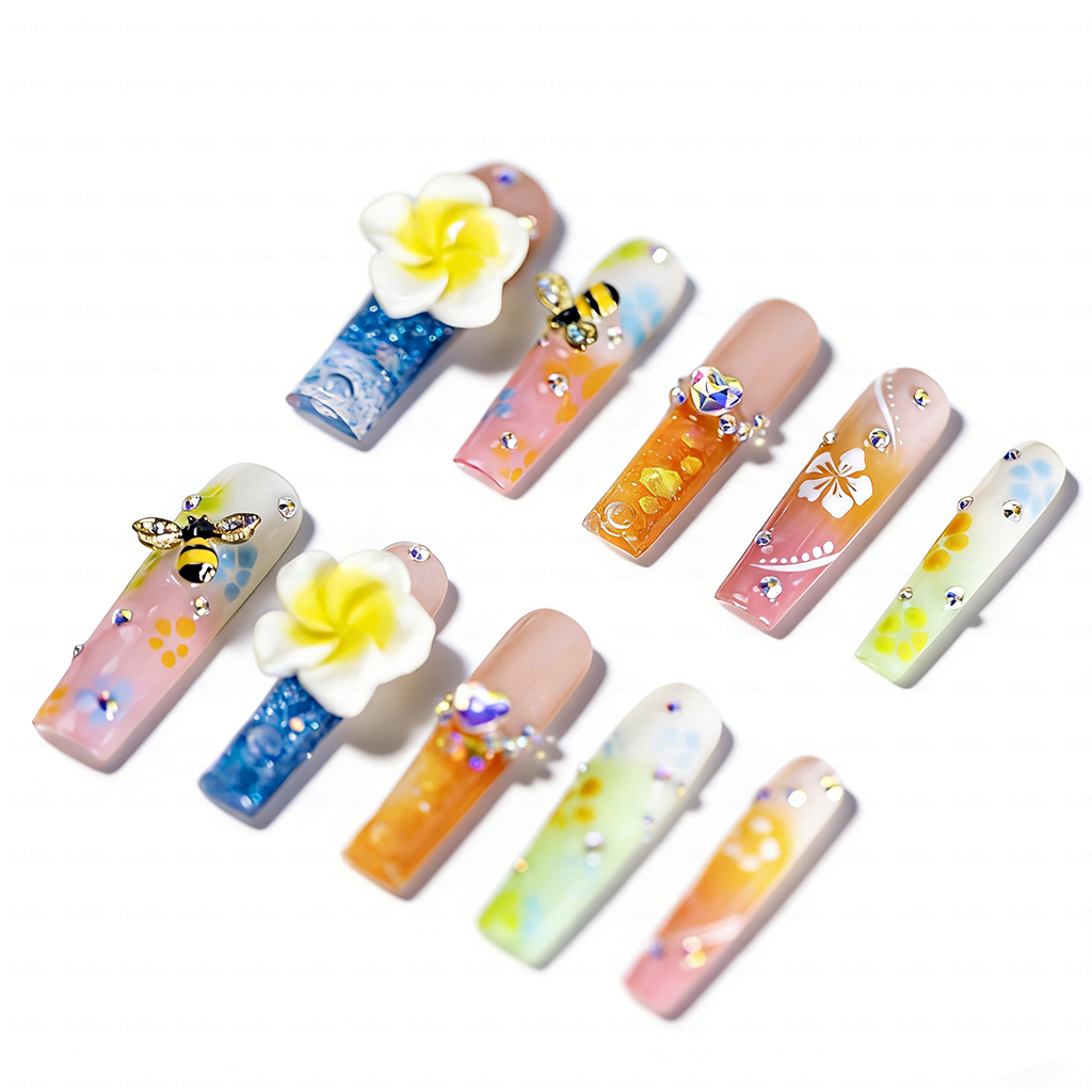 Plumeria Honey Bee  Pastel Rainbow Long Square Water Press-Ons with 3D Flower & Bee Charms