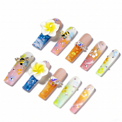 Plumeria Honey Bee  Pastel Rainbow Long Square Water Press-Ons with 3D Flower & Bee Charms