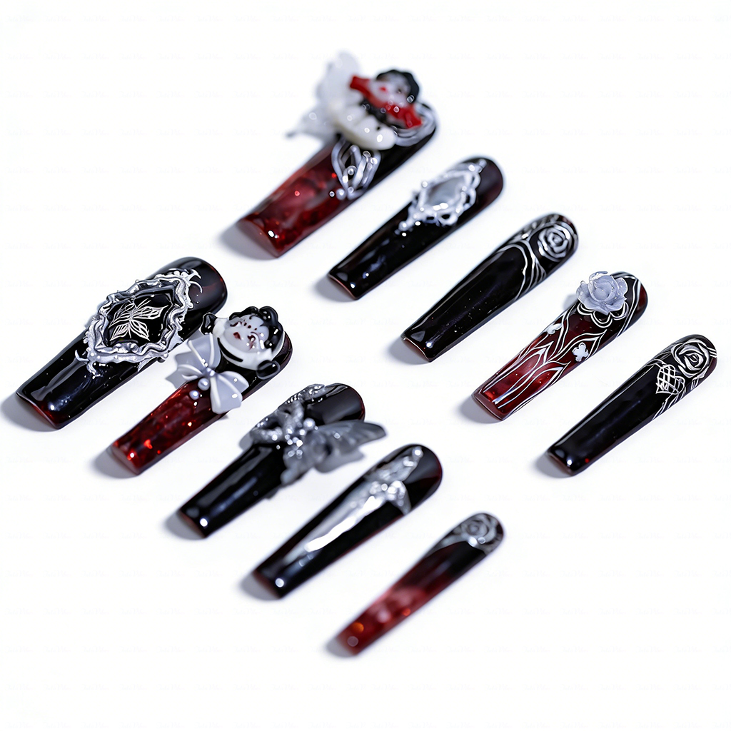 Goth Doll-Black & Red Long Square Water Press-Ons with 3D Doll & Snake Charms