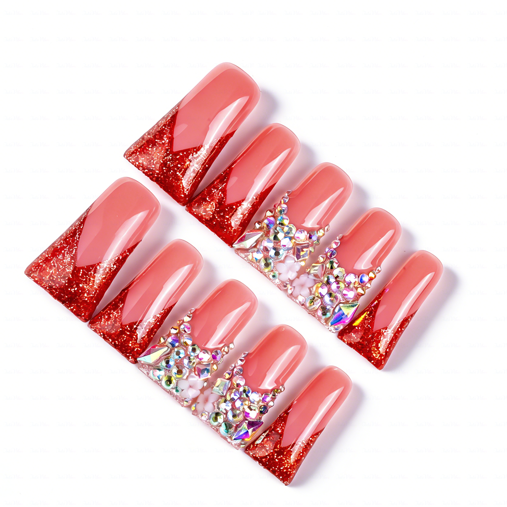 Ruby Blush – Pink & Red Glitter Long Duck Press-Ons with Iridescent Crystals