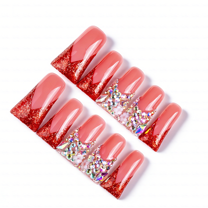 Ruby Blush – Pink & Red Glitter Long Duck Press-Ons with Iridescent Crystals