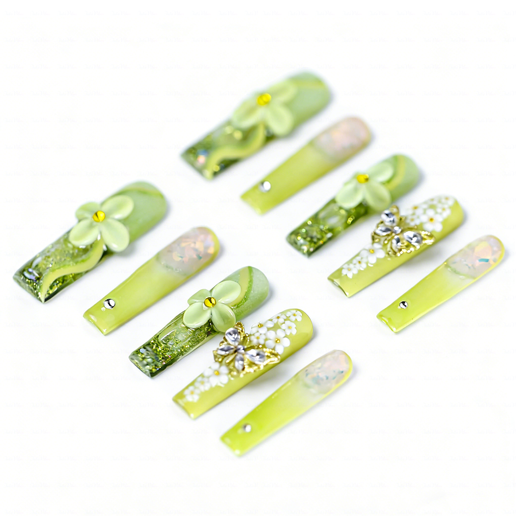 Lime Bloom-Light Green Long Square Water Press-Ons with 3D Floral & Gold Butterfly Charms