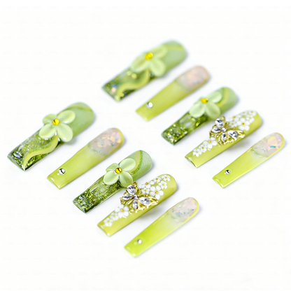 Lime Bloom-Light Green Long Square Water Press-Ons with 3D Floral & Gold Butterfly Charms