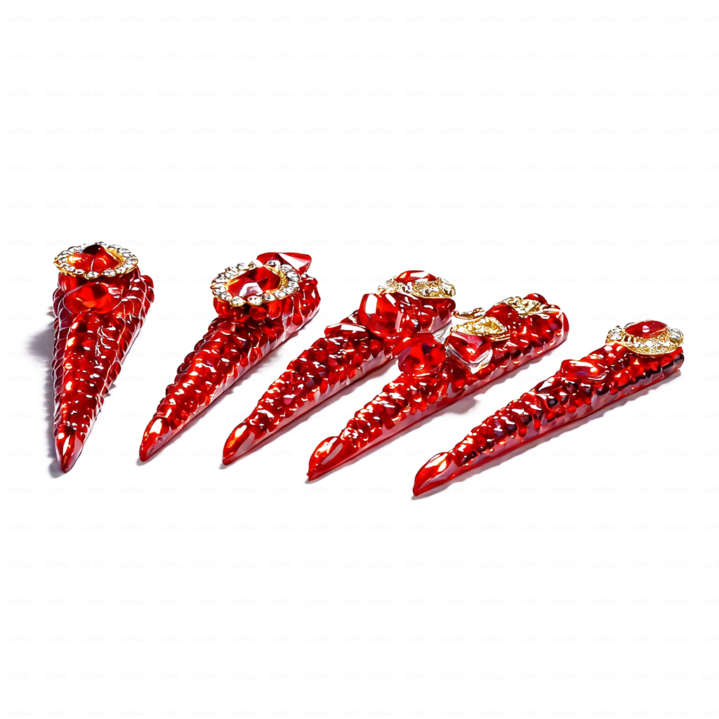 Ruby Royale – Crimson Red Long Stiletto Press-Ons with Rhinestone Halo, Heart Gem & Gold Bow Charms