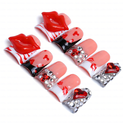 Lipstick Babe-Nude & Red Short Duck Press-Ons with 3D Lip & Heart Gem Accents