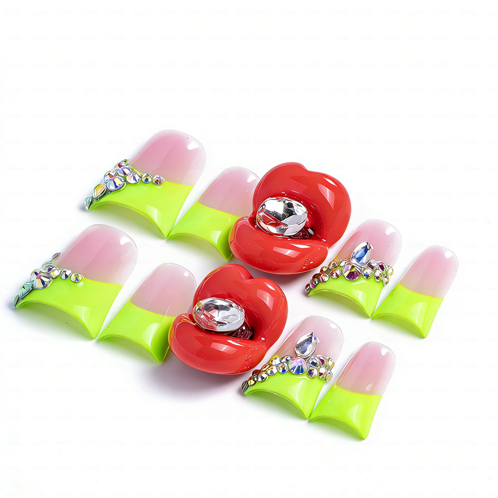 Neon Kiss – Blush Pink & Neon Green Short Duck Press-Ons with 3D Lip & Rhinestone Charms