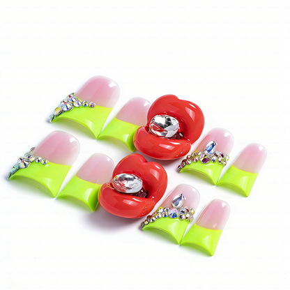 Neon Kiss – Blush Pink & Neon Green Short Duck Press-Ons with 3D Lip & Rhinestone Charms