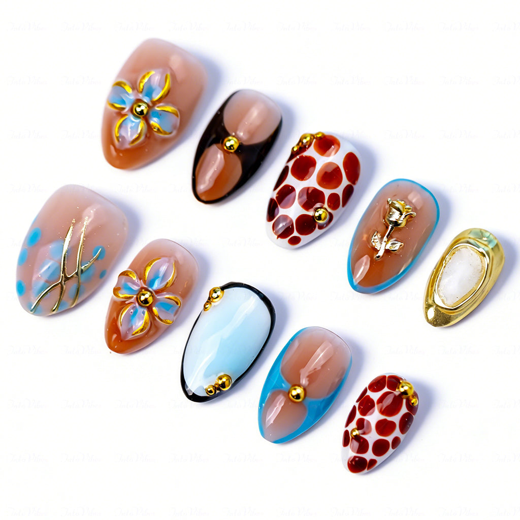 Caramel Retro Boho – Brown & Blue Medium Almond Press-Ons with 3D Flower & Gold Charms