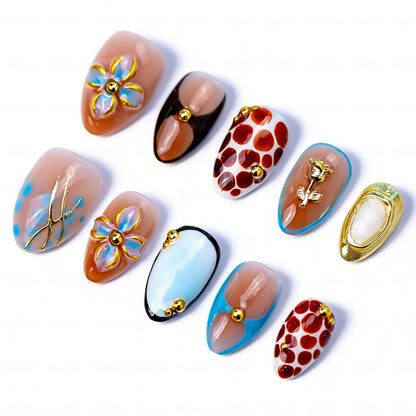 Caramel Retro Boho – Brown & Blue Medium Almond Press-Ons with 3D Flower & Gold Charms