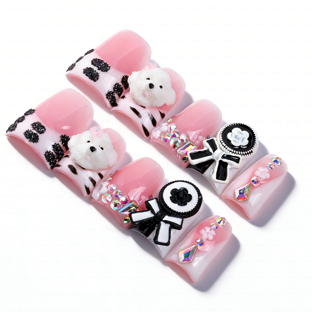 Puppy Princess-Soft Pink Short Duck Press-Ons with 3D Poodle & Camellia Bow Charms