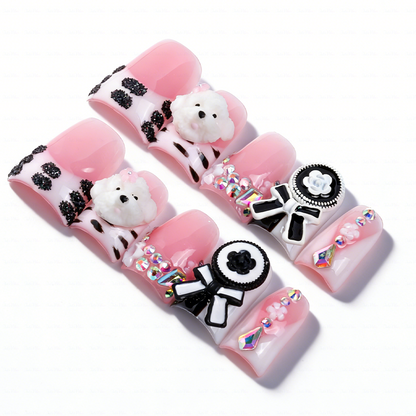 Puppy Princess-Soft Pink Short Duck Press-Ons with 3D Poodle & Camellia Bow Charms