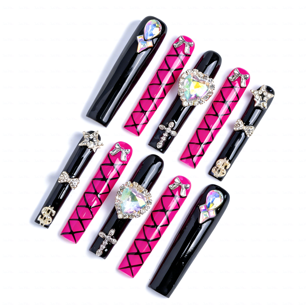 Baddie Glitz – Hot Pink & Black Long Square Press-Ons with Heart Gem & Cross Charms