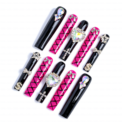 Baddie Glitz – Hot Pink & Black Long Square Press-Ons with Heart Gem & Cross Charms