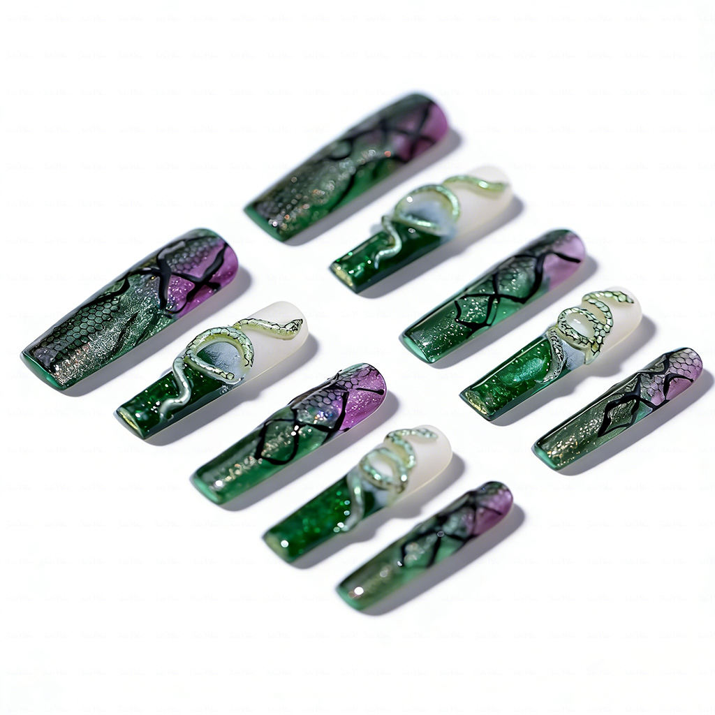 Snake Scale  Green & Purple Long Square Water Press-Ons with 3D Snake & Cracked Print Accents