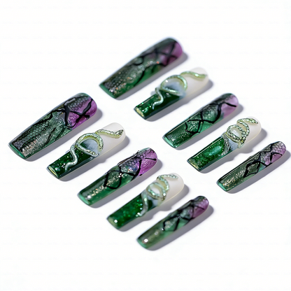 Snake Scale  Green & Purple Long Square Water Press-Ons with 3D Snake & Cracked Print Accents