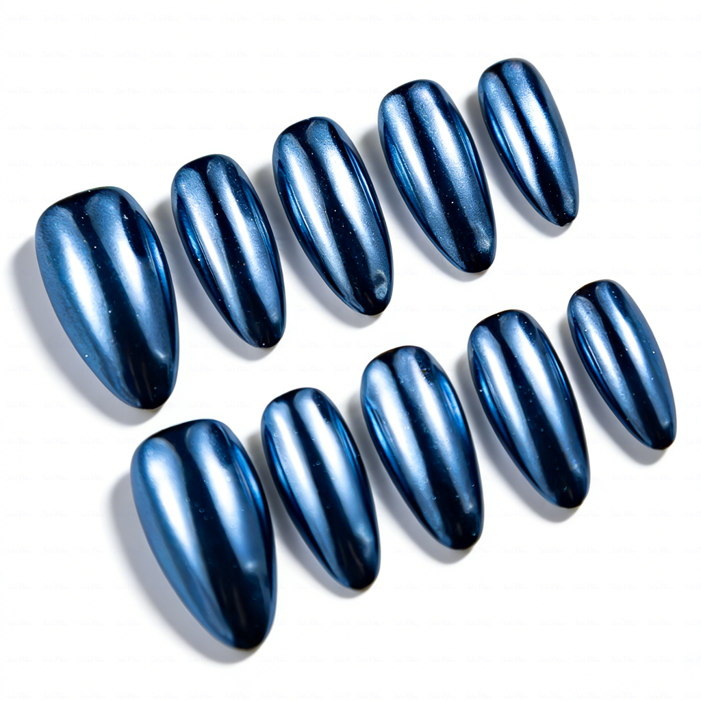 Navy Chrome – Deep Blue Metallic Medium Almond Press-Ons with Mirror Gloss Finish