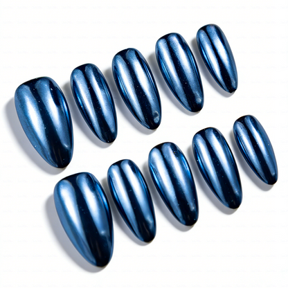 Navy Chrome – Deep Blue Metallic Medium Almond Press-Ons with Mirror Gloss Finish
