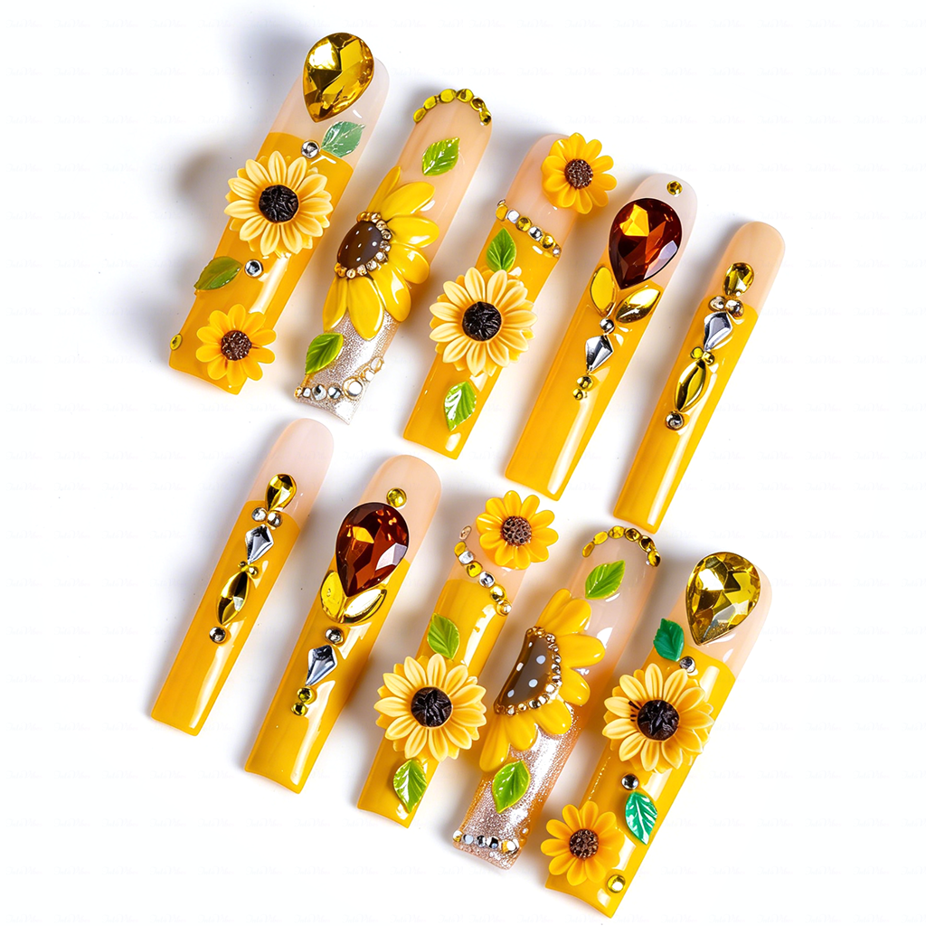 Sunflower Glow-Bright Yellow Long Square Press-Ons with 3D Sunflower & Gem Accents