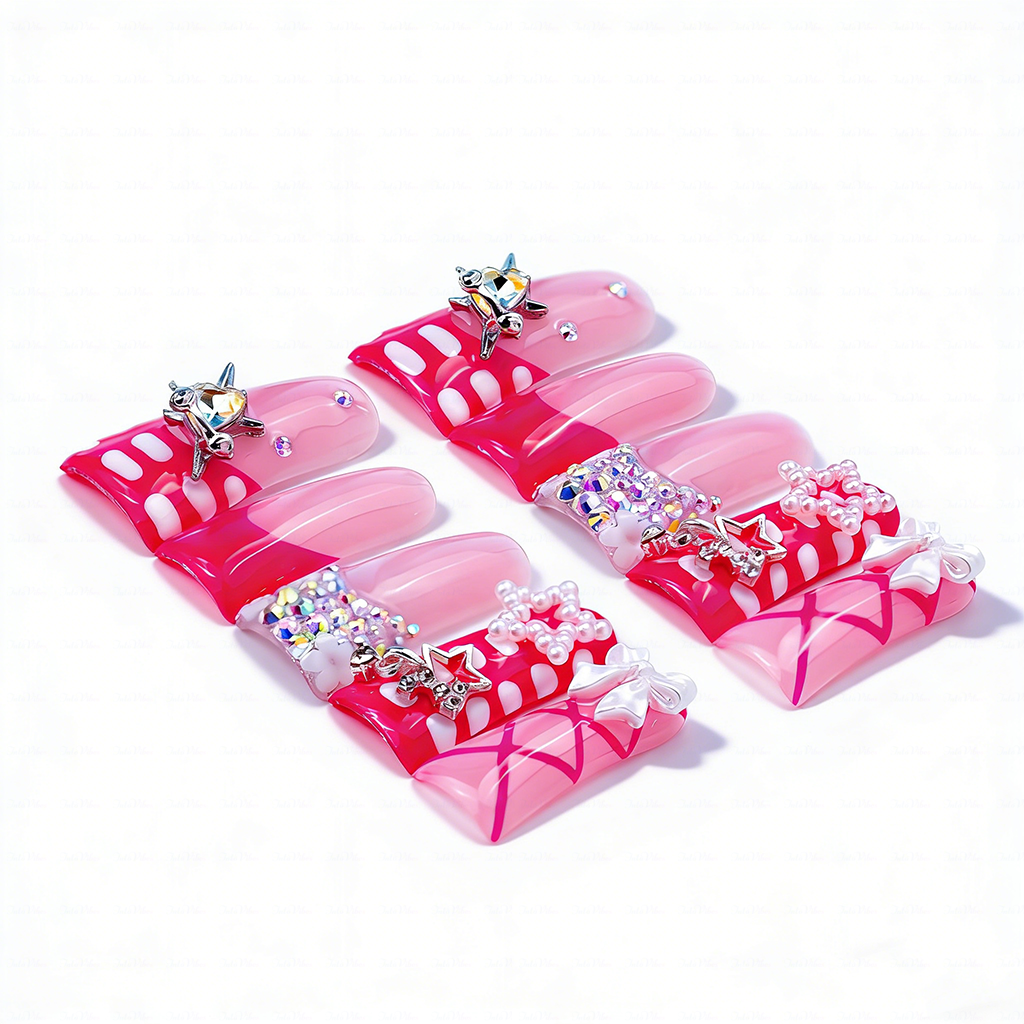 Bubblegum Glam – Pink Ombré Long Duck Press-Ons with Star & Bow Accents