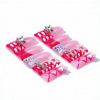 Bubblegum Glam – Pink Ombré Long Duck Press-Ons with Star & Bow Accents