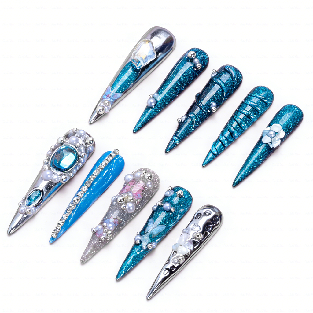 Ocean Chrome – Teal & Silver Stiletto Press-Ons with Crystal Accents