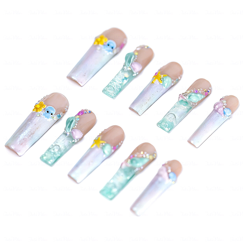 Mermaid Ocean Nude & Blue Long Square Water Press-Ons with 3D Octopus & Seashell Charms