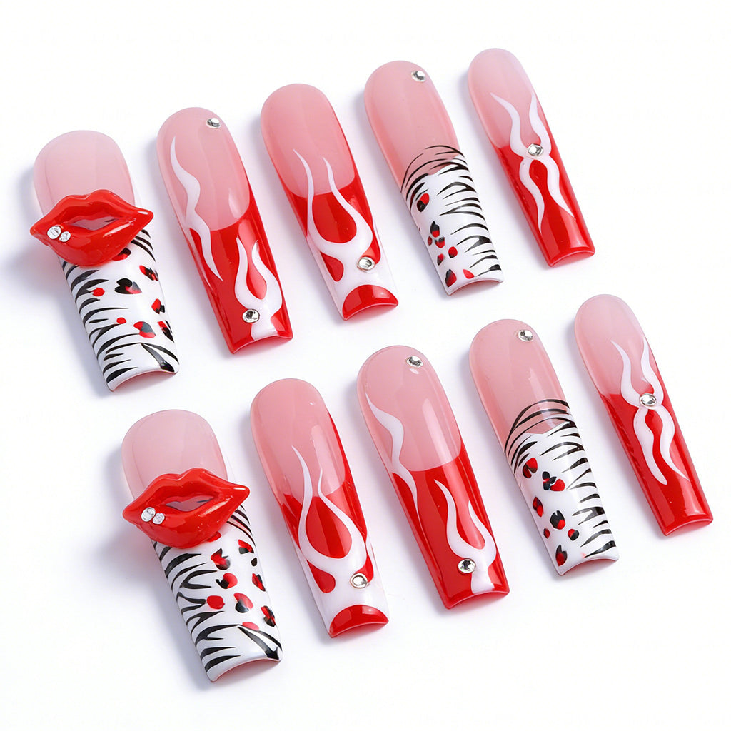 Flame Lip  Red & Nude Long Square Press-Ons with 3D Lip & Flame Accents