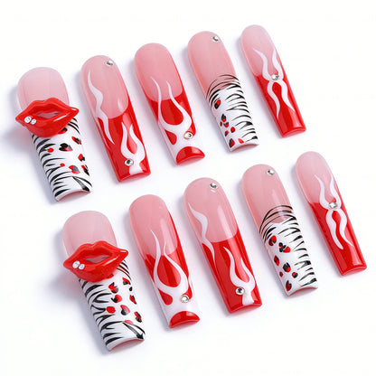 Flame Lip  Red & Nude Long Square Press-Ons with 3D Lip & Flame Accents