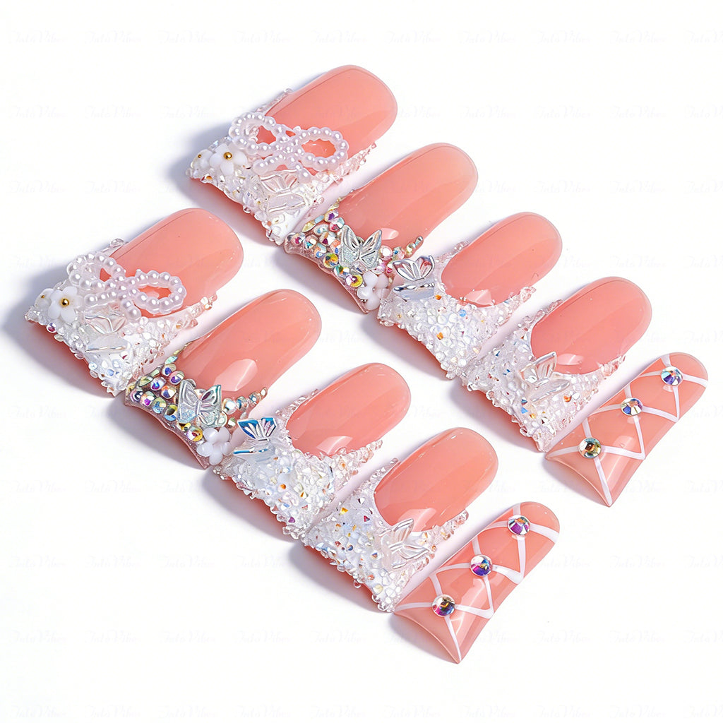 Bridal Lace Bow  Nude & White Long Duck Press-Ons with Pearl Bow & Butterfly Charms