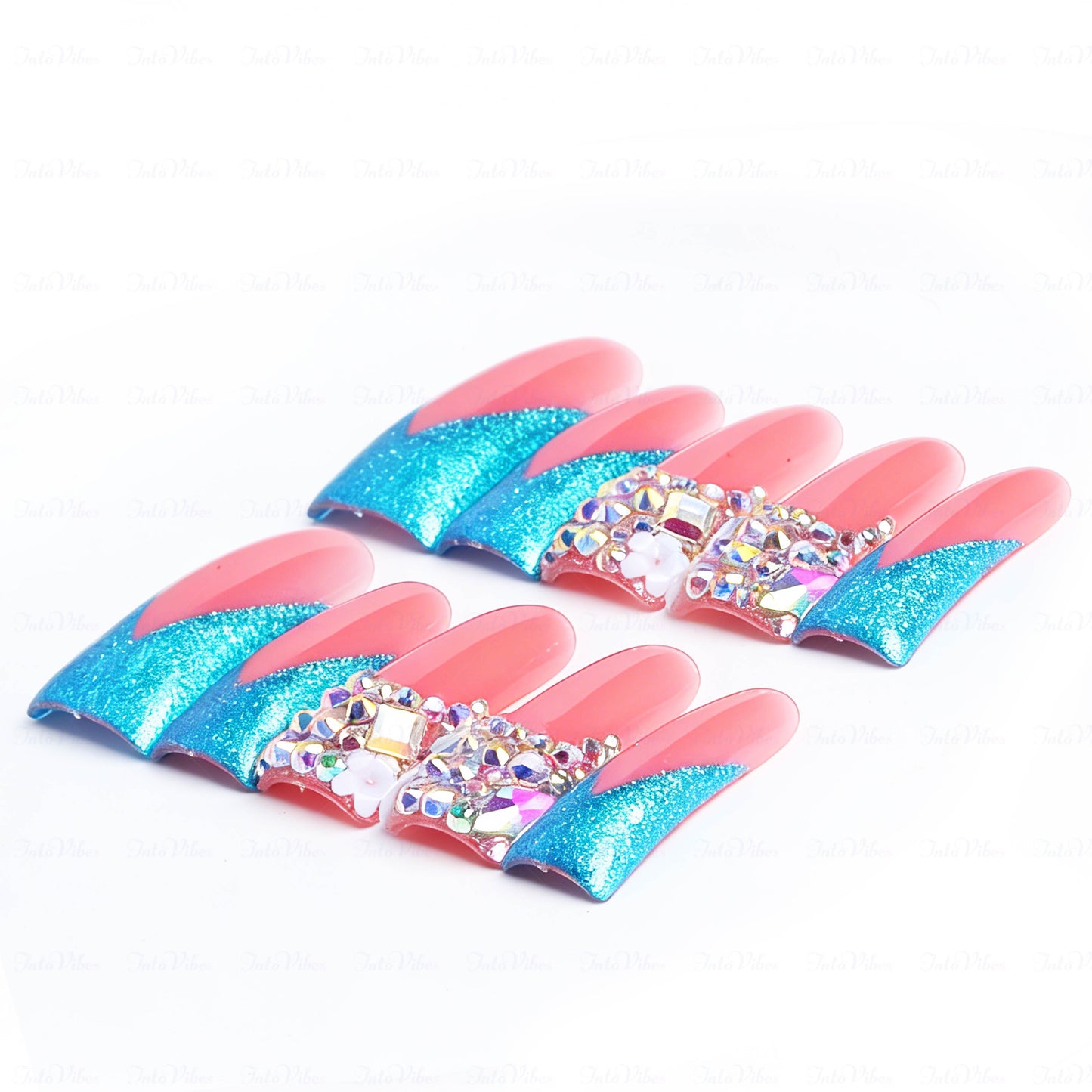 Mermaid V French-Nude & Turquoise Short Duck Press-Ons with V-Tip & Iridescent Rhinestone Accents