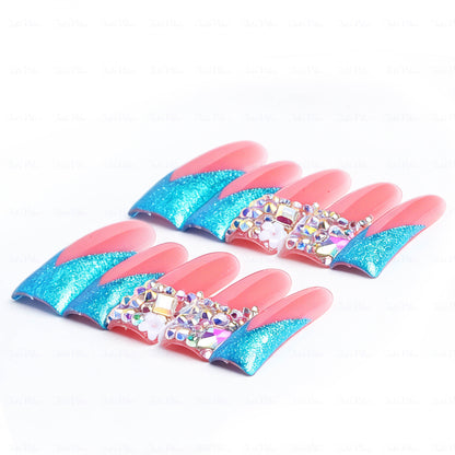 Mermaid V French-Nude & Turquoise Short Duck Press-Ons with V-Tip & Iridescent Rhinestone Accents