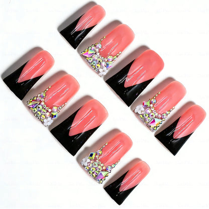 Black V French – Nude & Black Long Duck Press-Ons with Iridescent Rhinestone Accents