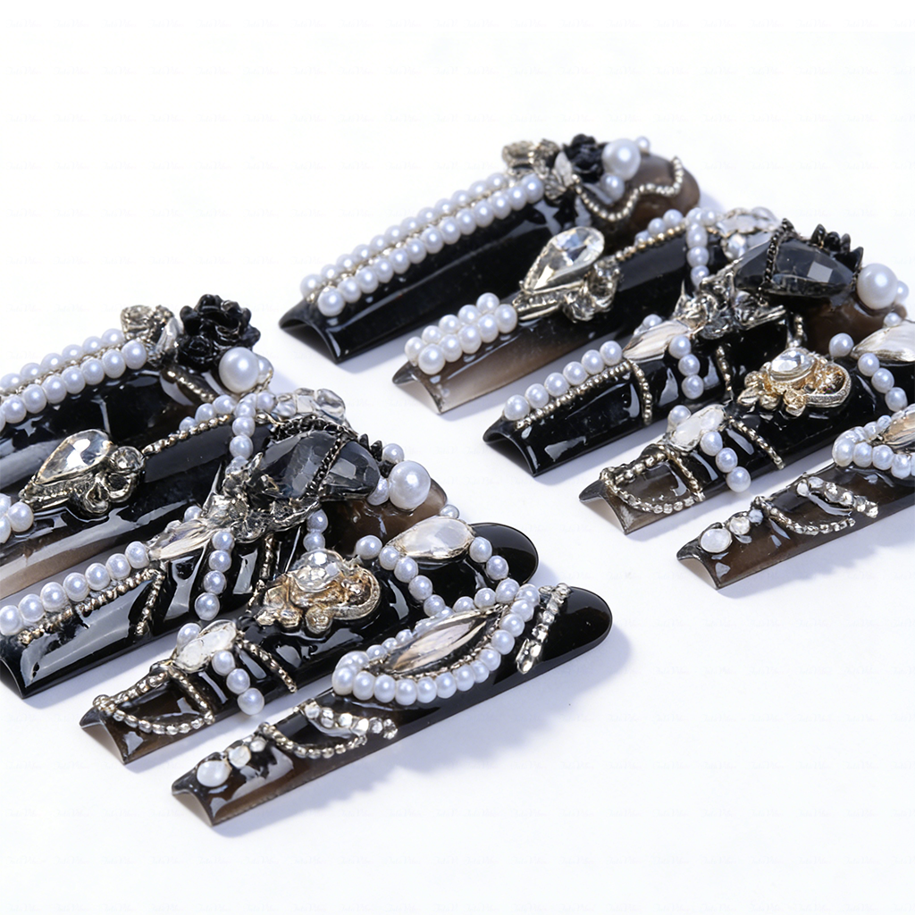 Gothic Baroque-Black & Brown Long Square Press-Ons with Pearl Rose & Butterfly Charms
