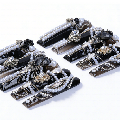Gothic Baroque-Black & Brown Long Square Press-Ons with Pearl Rose & Butterfly Charms