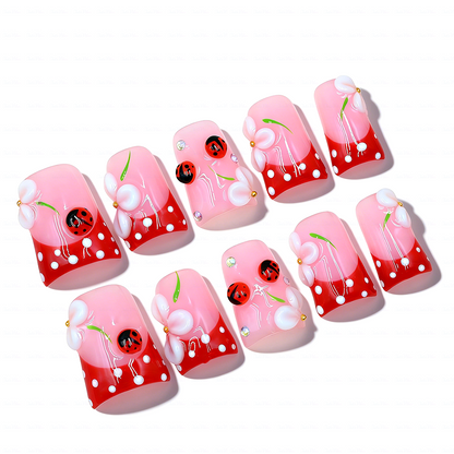 Kawaii Spring Ladybug – Pink & Red Short Duck Press-Ons with 3D Flower Charms