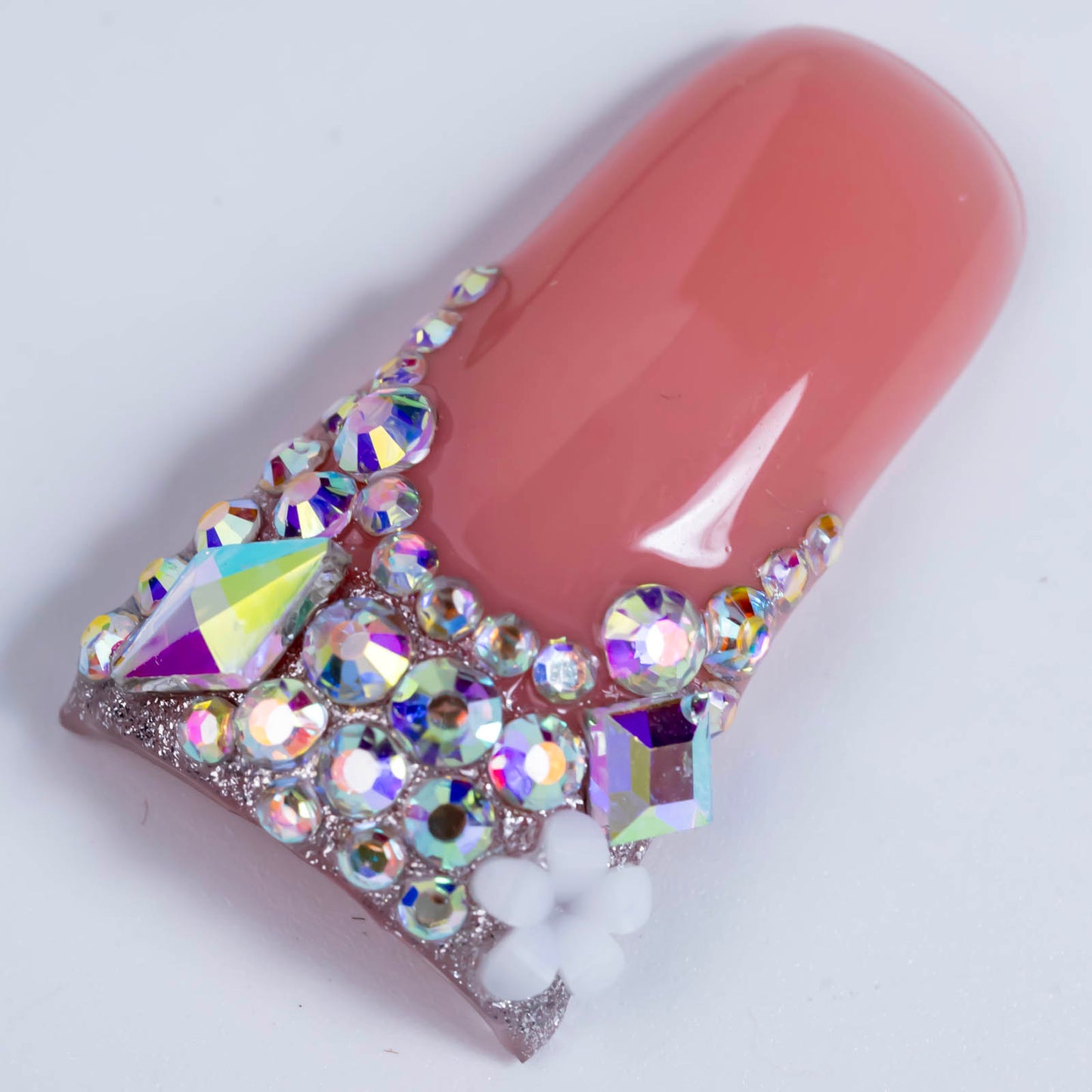 Pink Diamond French – Long Duck Press-Ons with Crystal Floral Accents