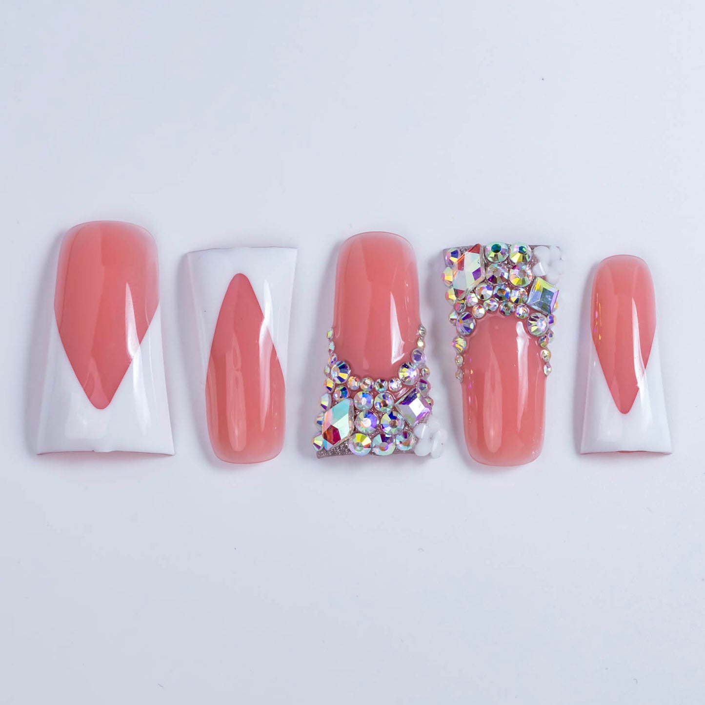 Pink Diamond French – Long Duck Press-Ons with Crystal Floral Accents