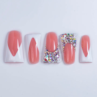Pink Diamond French – Long Duck Press-Ons with Crystal Floral Accents