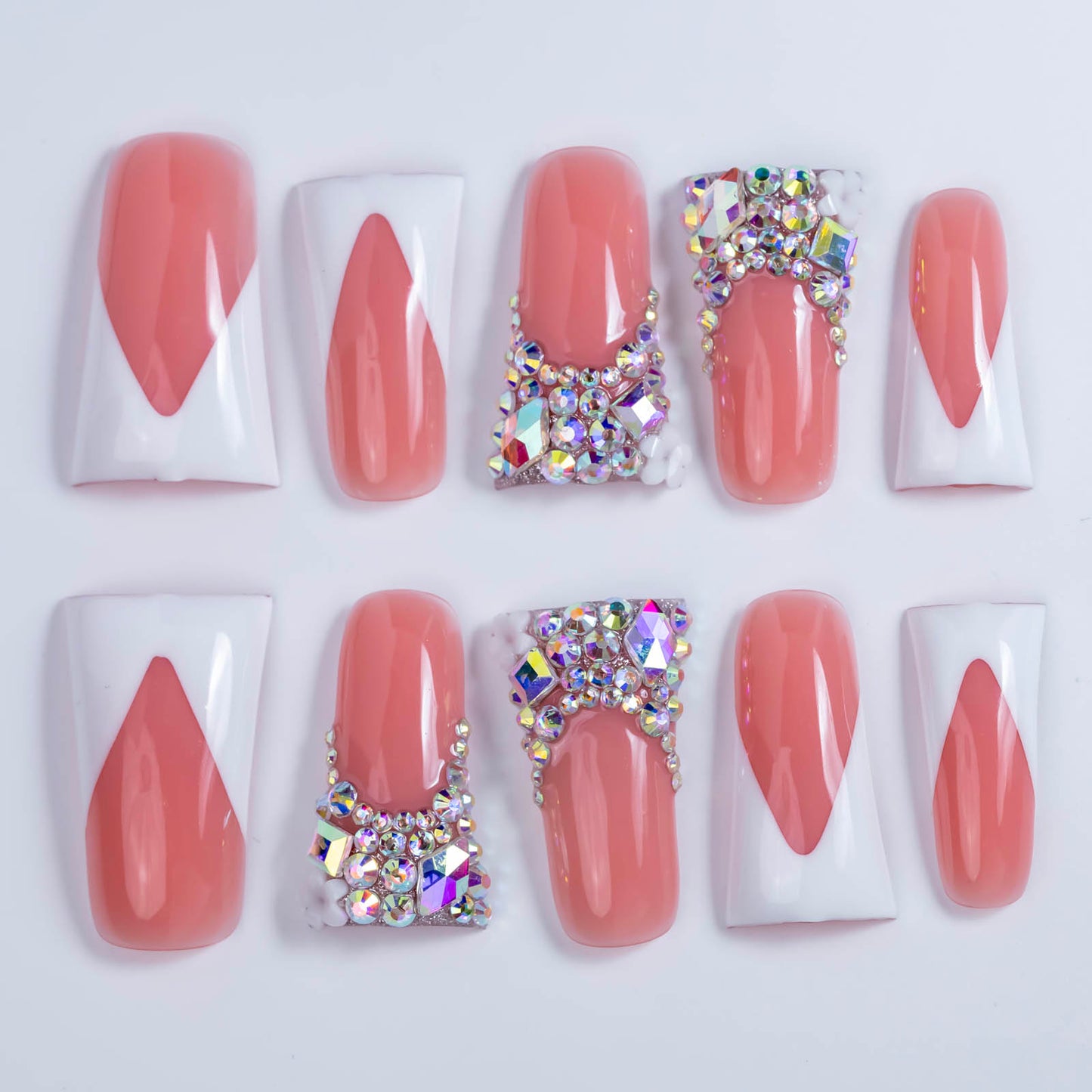 Pink Diamond French – Long Duck Press-Ons with Crystal Floral Accents