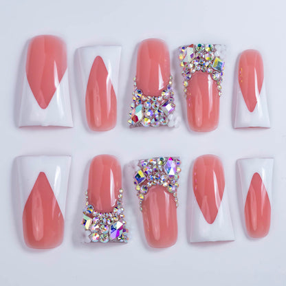 Pink Diamond French – Long Duck Press-Ons with Crystal Floral Accents
